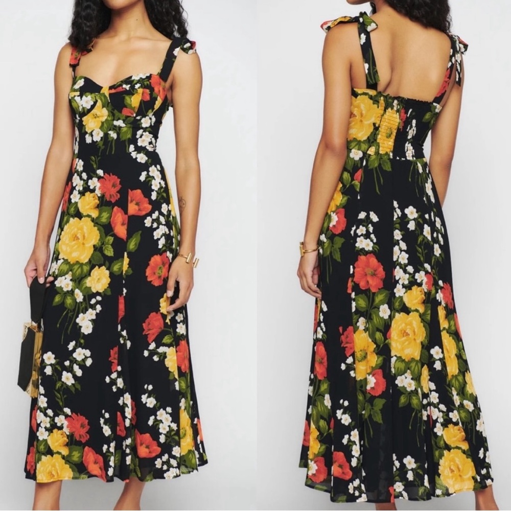 Reformation Nadira Black Dress with Floral Accents